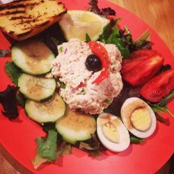 tuna salad at Euro Cafe with fresh baked bread, cucumbers and egg.