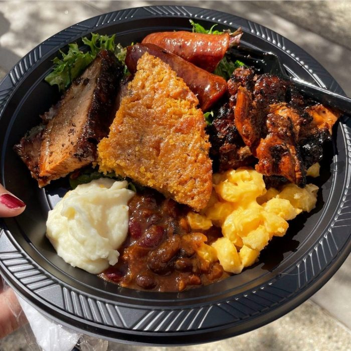 BBQ brisket, baked beans, mac n cheese and potatoes at Gus's BB! in Claremont