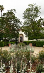 House surrounded by trees and beautiful plants. Revelle House, the presidents house, at Scripps College with 