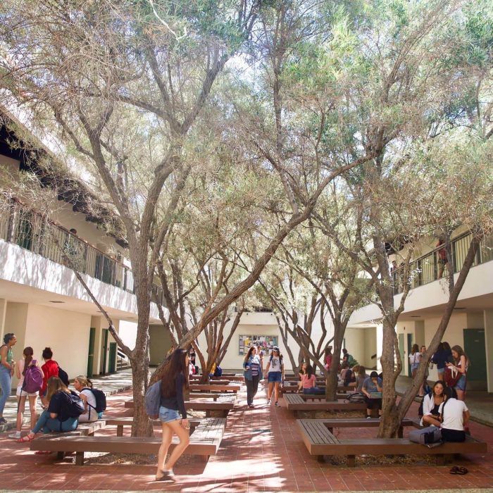 Courtyard full of trees and students walking between two buildings at Scripps College