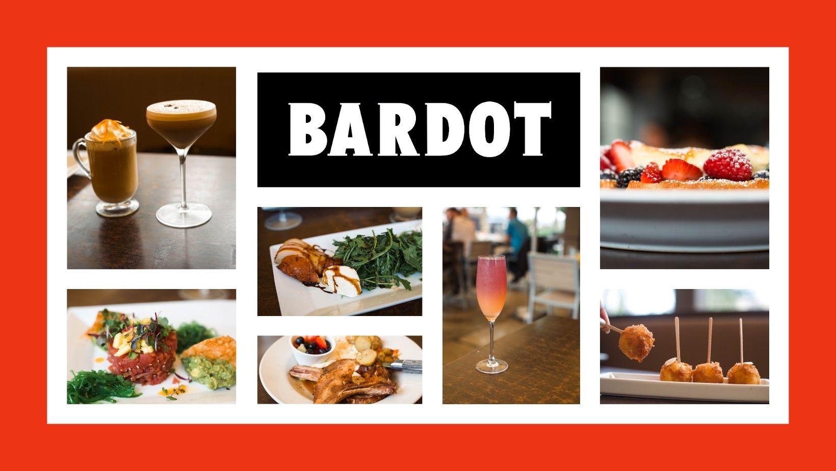 Collage of menu items from Bardot restaurant, including brunch items.
