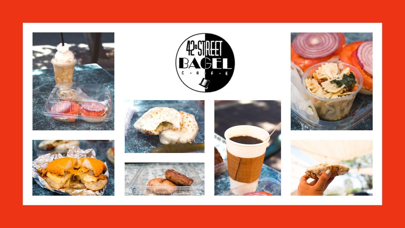 Collage of menu items from 42nd street Bagel Cafe, including breakfast foods, brunch foods and coffee.

