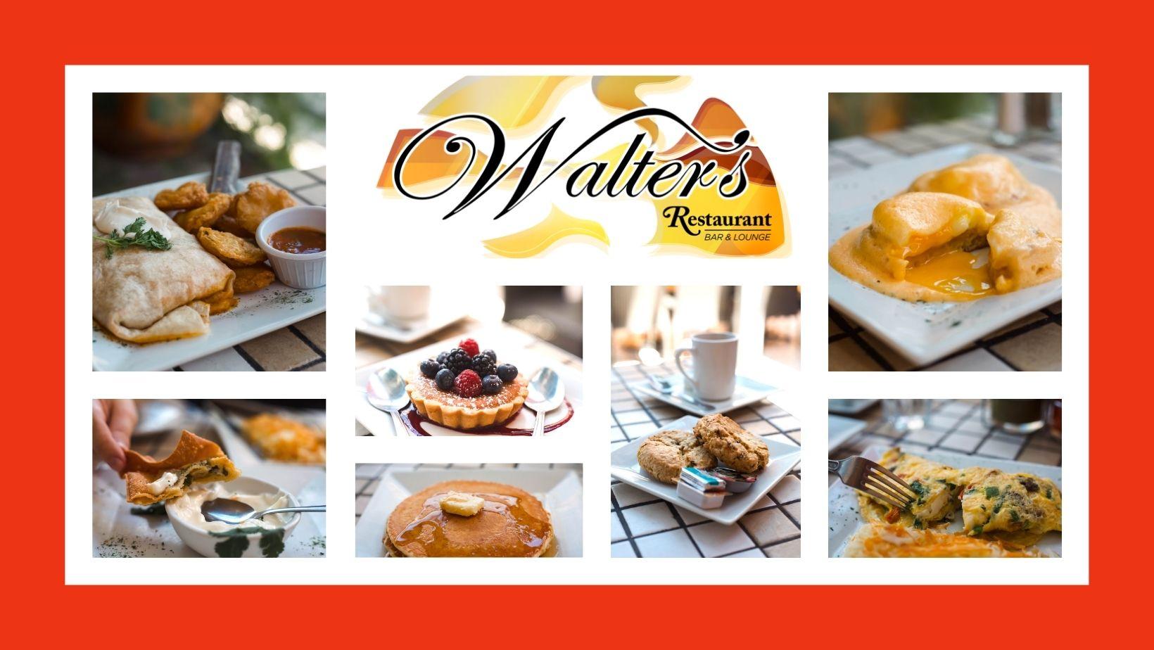 Collage of menu items from Walter's restaurant, including brunch items.

